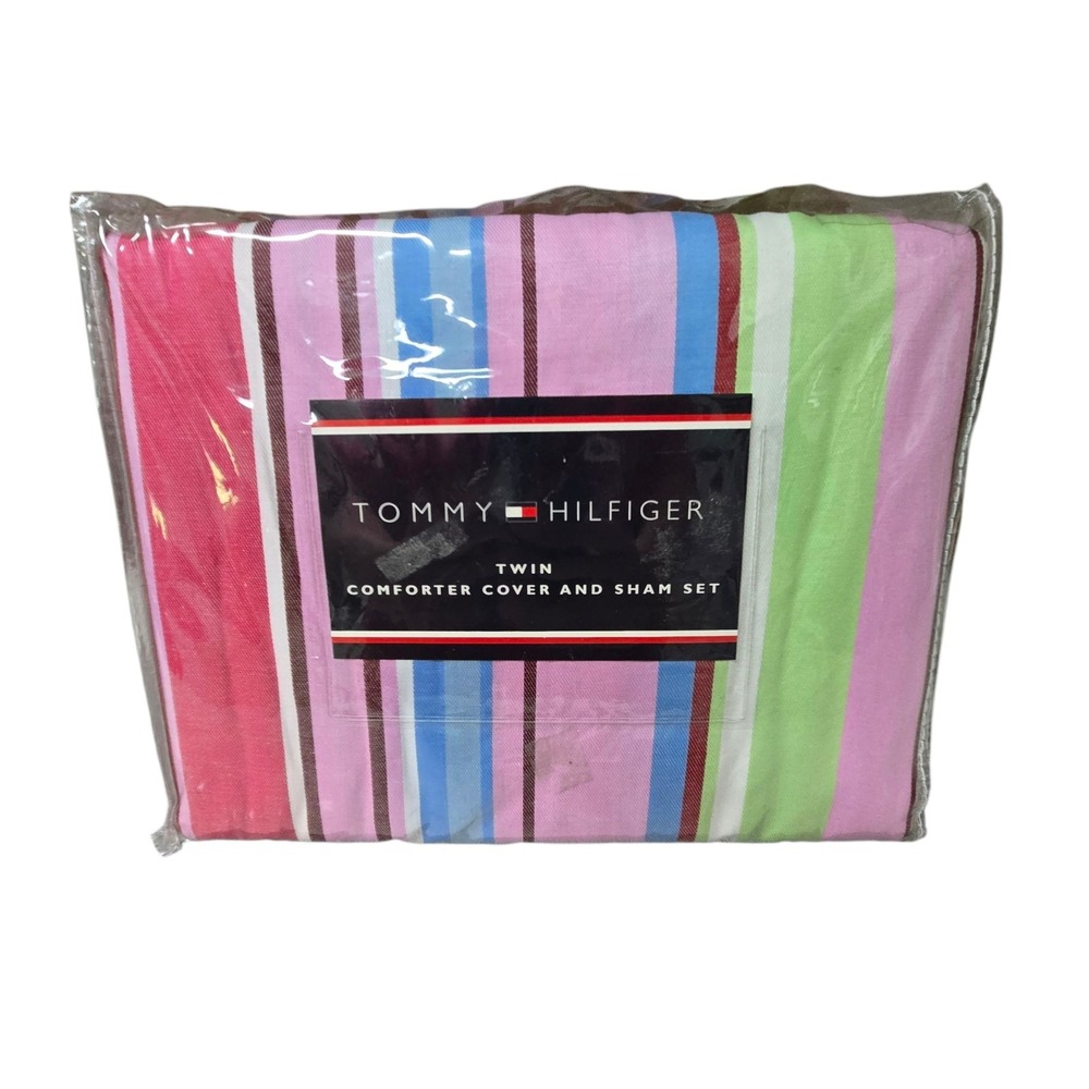 RARE Tommy Hilfiger TYLER RAINBOW Stripe TWIN Duvet Comforter Cover & Sham NOS